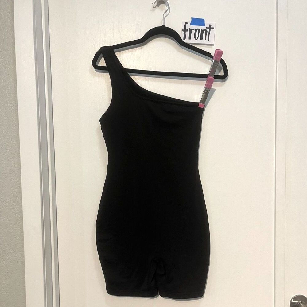 Black One Shoulder Bodycon Shorts Bodysuit - Size S